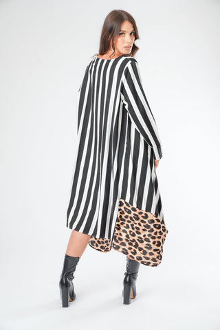 Stripe and Leopard Print Border Floaty Asymmetric Dress