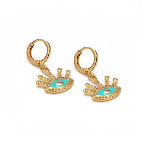 Gold Plated Crown Evil Eye Pendant Earrings