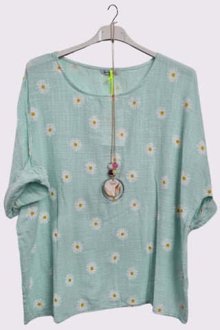 Daisy Flower Print Necklace Cotton Top