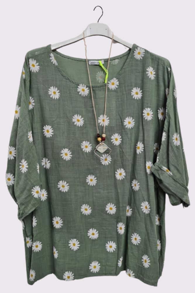 Daisy Flower Print Necklace Cotton Top