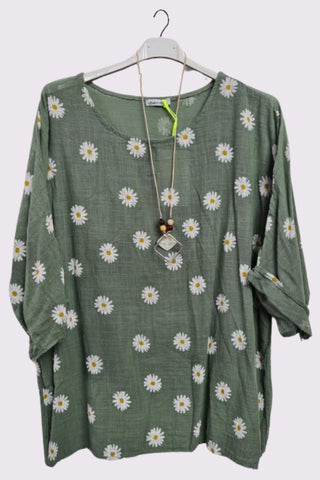 Daisy Flower Print Necklace Cotton Top