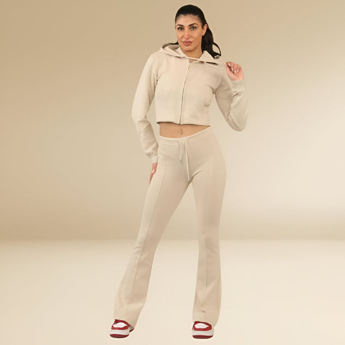 Dove Grey Cropped Hoodie & Bell Bottom Trouser Set – Chic & Comfy Loungewear