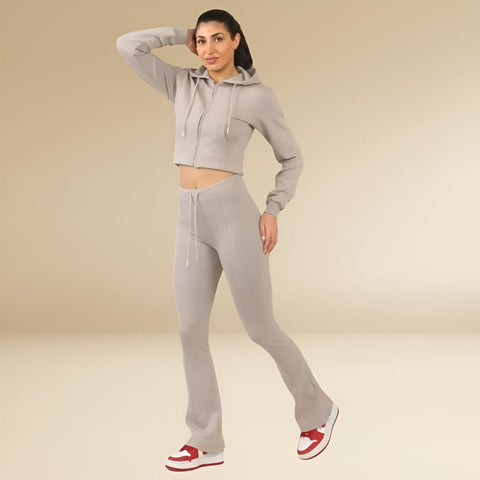 Dove Grey Cropped Hoodie & Bell Bottom Trouser Set – Chic & Comfy Loungewear