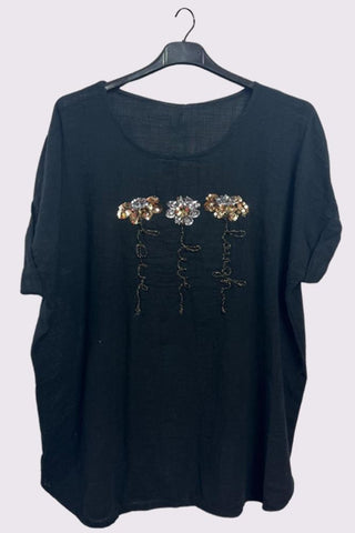 Sequin Embroidered Flower Pattern Curved Hem Cotton Top