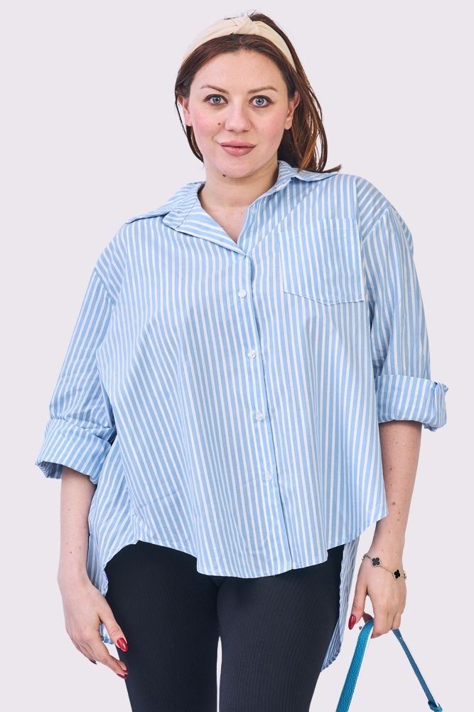 Stripe Print Oversized High Low Hem Front Pocket Cotton Shirt