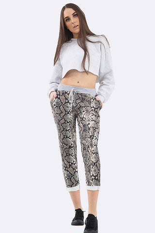 Snake Print Foldover Hem Lined Trouser