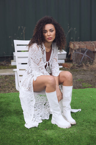 Floral Crochet Pattern Drawstring Fastening Cotton Long Cardigan