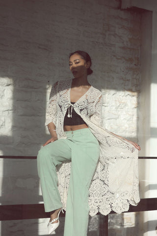 Floral Crochet Pattern Drawstring Fastening Cotton Long Cardigan