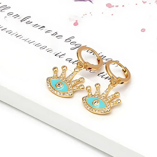 Gold Plated Crown Evil Eye Pendant Earrings
