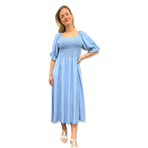 Sky Blue Smocked Bodice Midi