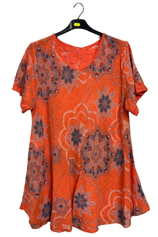 Intricate Floral Geometric Pattern Lace Detail Cotton Top