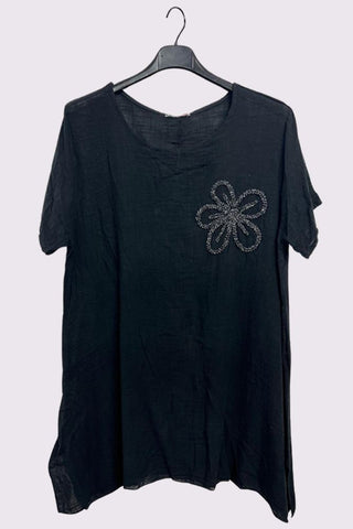 Embroidered Floral Side Slits Oversized Cotton Top