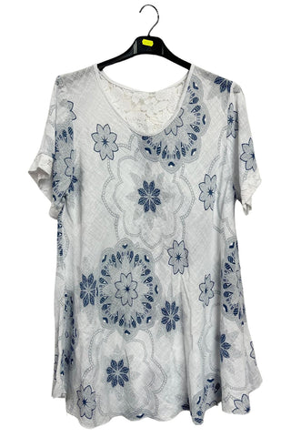 Intricate Floral Geometric Pattern Lace Detail Cotton Top