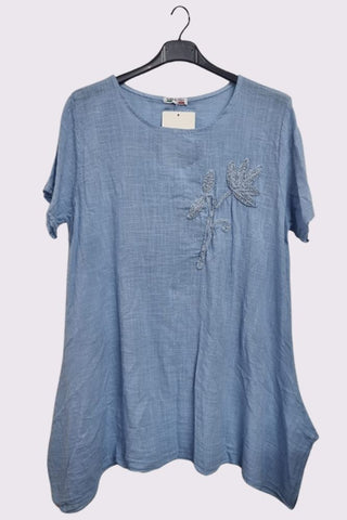 Embroidered Floral Side Slits Oversized Cotton Top