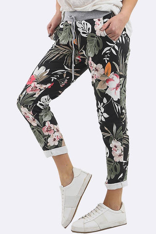 Women Cotton Tropical Print Drawstring Trouser
