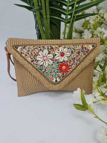 Beaded Stone Straw Shoulder Bag
