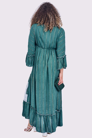 Gold Stripe Cut Out Patch Pattern Maxi Long Sleeve Boho Style Dress