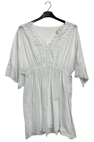 Plain V-Neckline With Lace Trim Detailing Tunic Cotton Dress