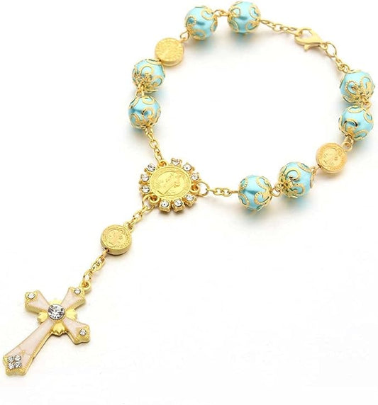 Religious Rosary Bracelet with Blue Beads & Gold Accents