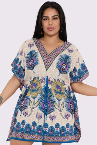 Peacock Feather Print Drawstring Waist Kaftan