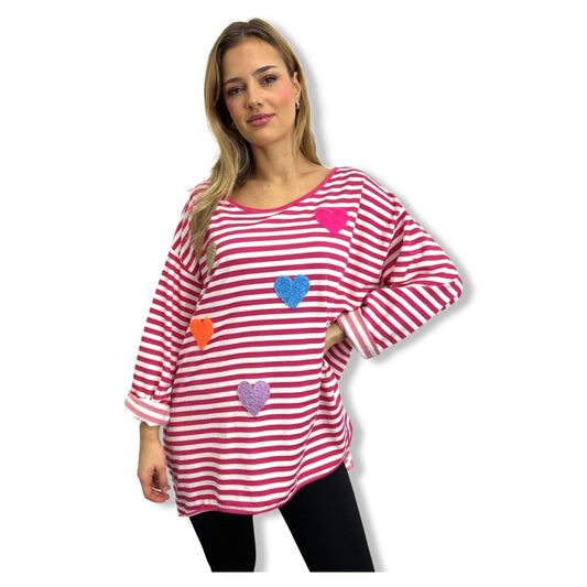 Pastel Hearts Striped Oversized Sweatshirt