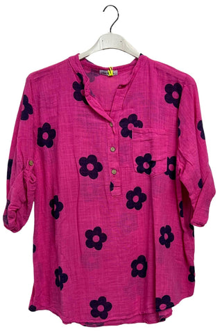Floral Print Single Chest Pocket Cotton Top