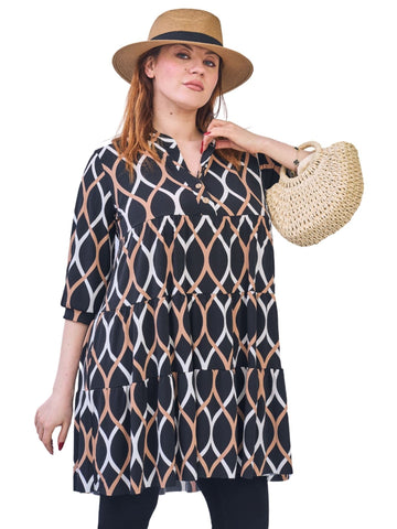 Multi Print V-Neckline With Button Dress