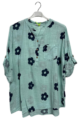 Floral Print Single Chest Pocket Cotton Top