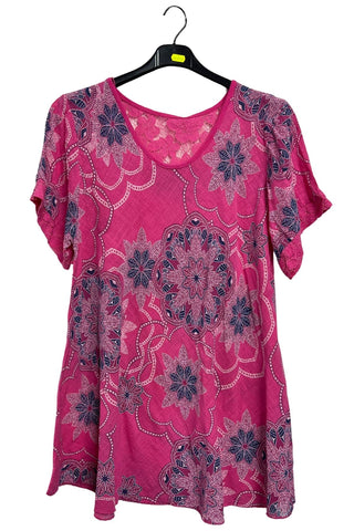 Intricate Floral Geometric Pattern Lace Detail Cotton Top