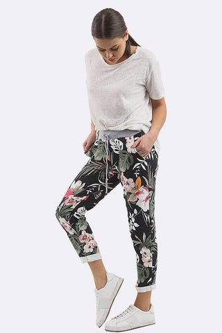 Women Cotton Tropical Print Drawstring Trouser