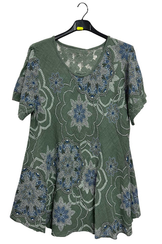 Intricate Floral Geometric Pattern Lace Detail Cotton Top