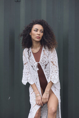 Floral Crochet Pattern Drawstring Fastening Cotton Long Cardigan