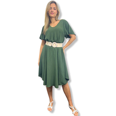 Olive Grove Belted Flared Dress