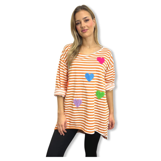 Pastel Heart Striped Oversized Sweatshirt