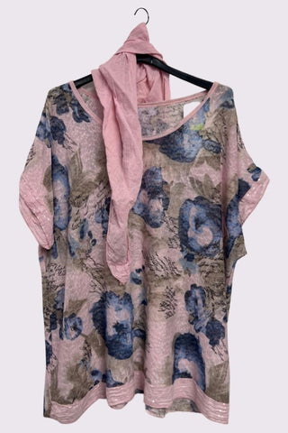 Floral Print Sequin Detail Hem With Scarf Box Top