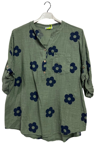 Floral Print Single Chest Pocket Cotton Top