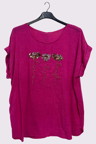 Sequin Embroidered Flower Pattern Curved Hem Cotton Top