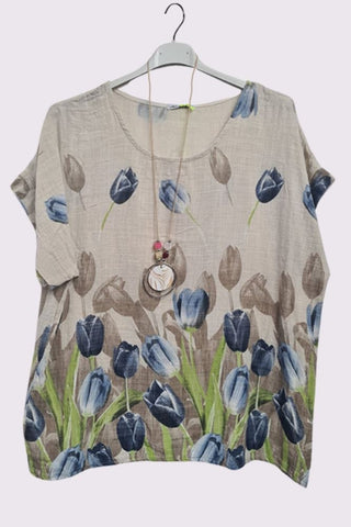 Tulip Flower Print Oversized Cotton Top