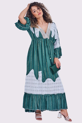 Gold Stripe Cut Out Patch Pattern Maxi Long Sleeve Boho Style Dress