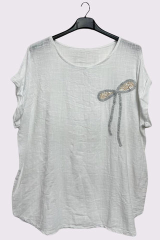 Textured Embroidered Sequin Curved Hem Cotton Top