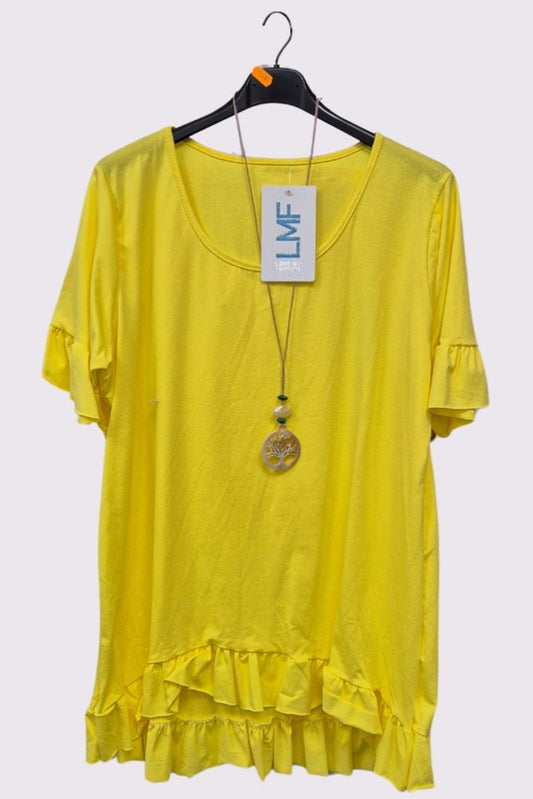 Plain Ruffle Hem Necklace Cotton Top