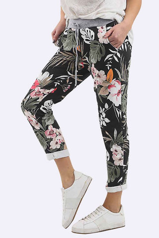 Women Cotton Tropical Print Drawstring Trouser