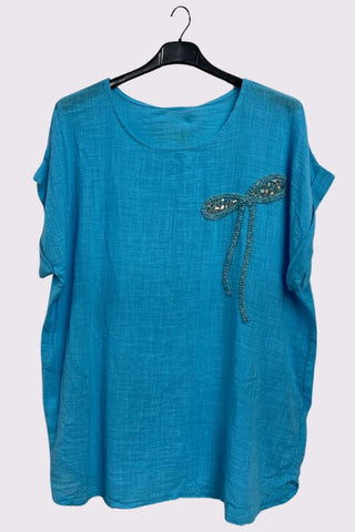 Textured Embroidered Sequin Curved Hem Cotton Top