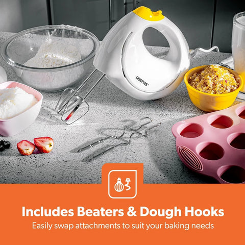 Geepas 150W Hand Mixer – 5 Speed Settings with Beaters & Dough Hooks, Easy Grip Design