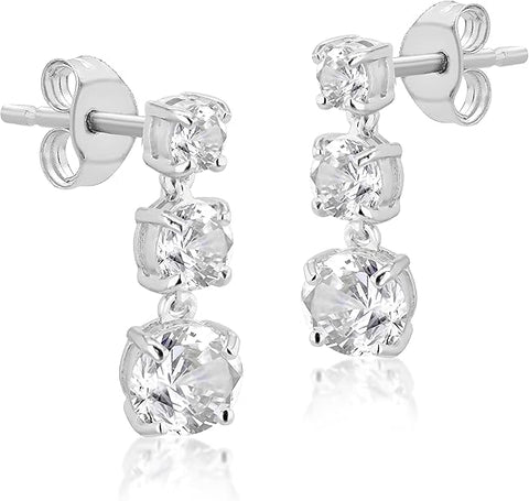 Silver Triple Cubic Zirconia Drop Earrings