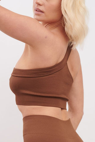 Plain One Shoulder Seamless Ribbed Nylon Bra