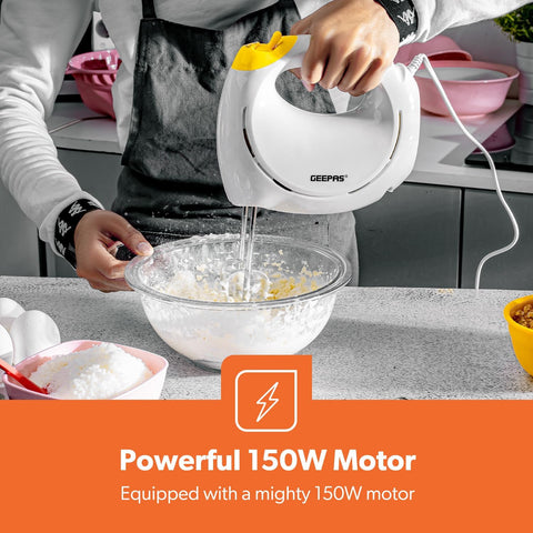 Geepas 150W Hand Mixer – 5 Speed Settings with Beaters & Dough Hooks, Easy Grip Design