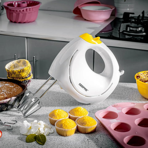 Geepas 150W Hand Mixer – 5 Speed Settings with Beaters & Dough Hooks, Easy Grip Design