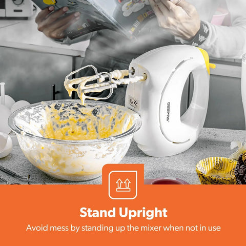 Geepas 150W Hand Mixer – 5 Speed Settings with Beaters & Dough Hooks, Easy Grip Design