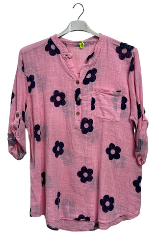 Floral Print Single Chest Pocket Cotton Top